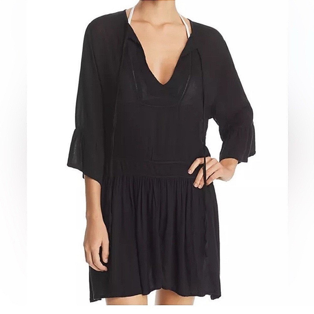 ViX Paula Hermanny Black Bell Sleeve Mini Dress Swim Cover Up Medium